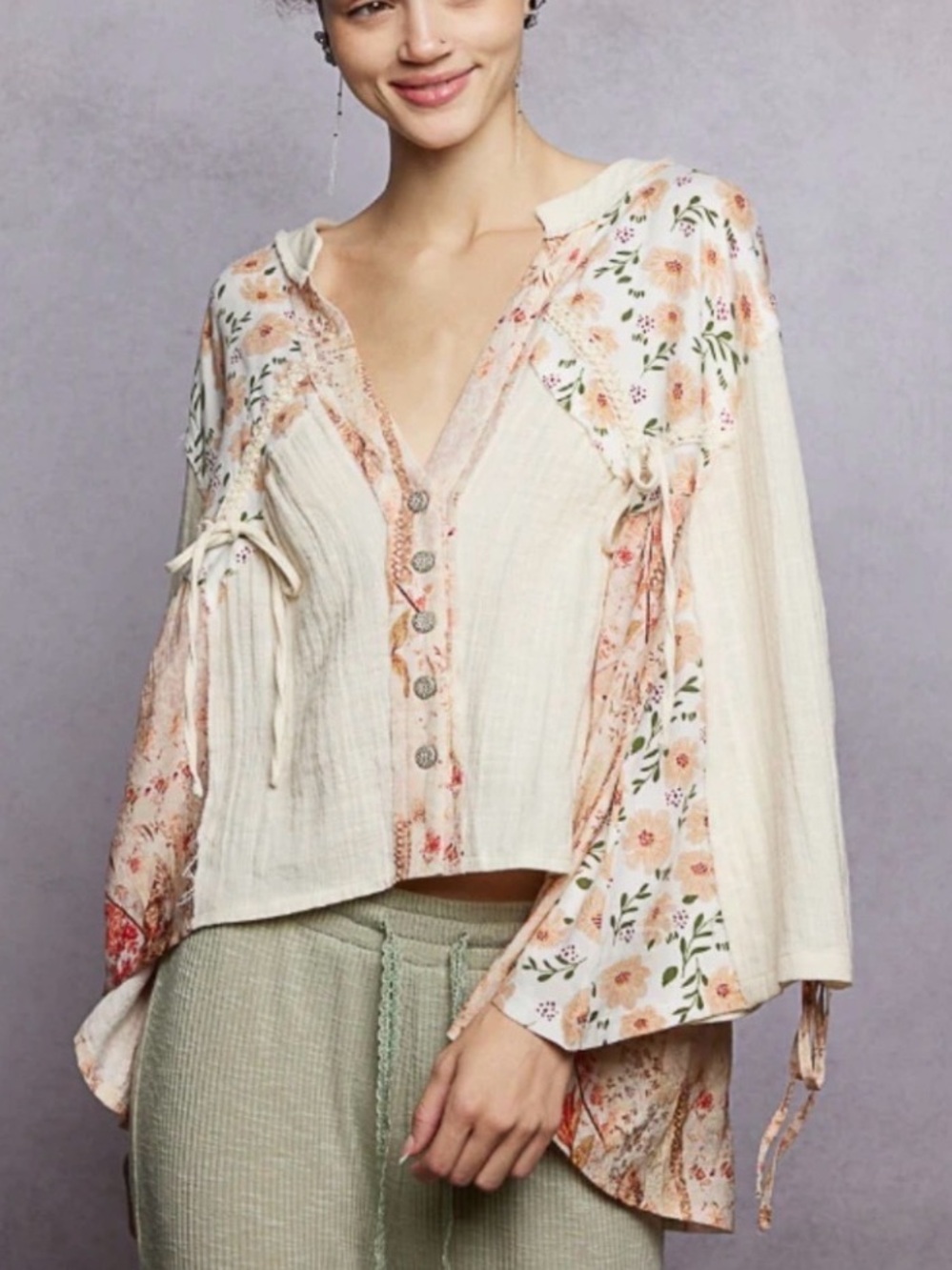 POL Women's Cotton Floral Pieced Blouse size L NWT